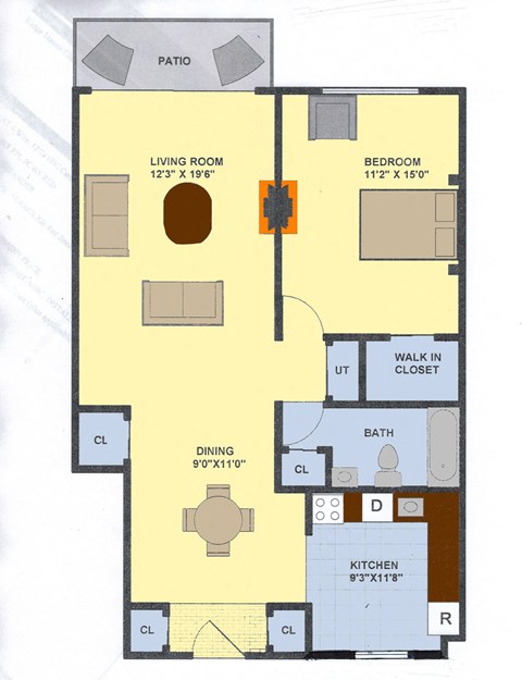 1 Bedroom 1 Bath Floor Plan at Brookwood at Islip, Islip, New York